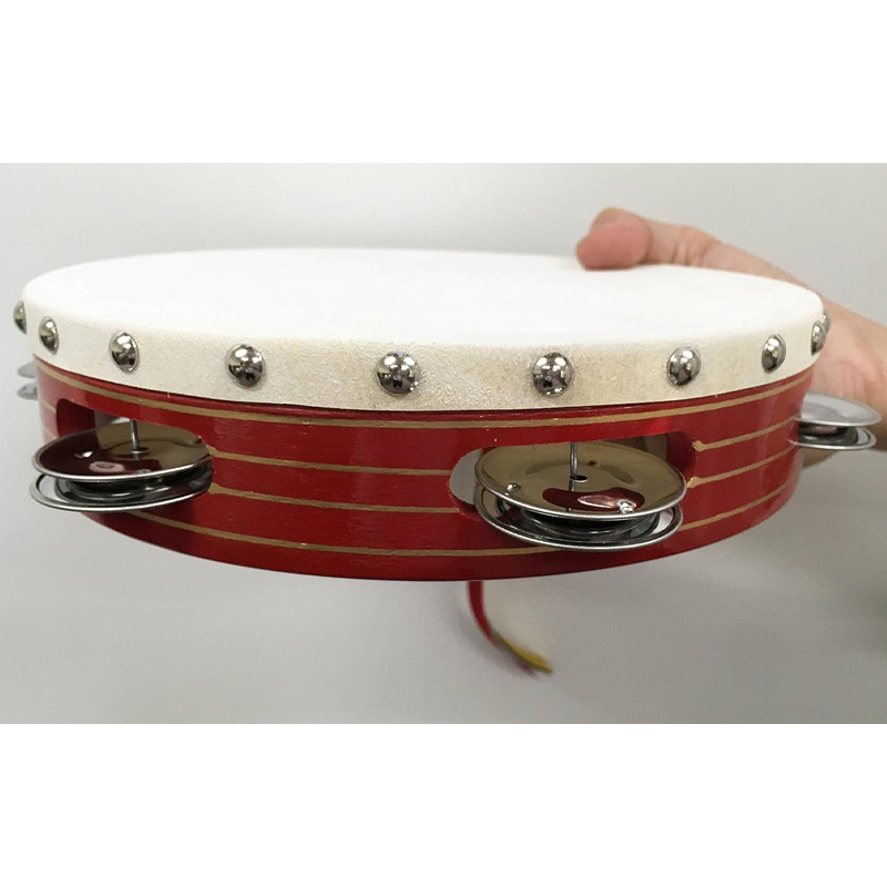 ヤマヨ タンブリン ( 21cm ) 赤木枠・金線入 6穴 牛床皮 3色リボン付 タンバリン