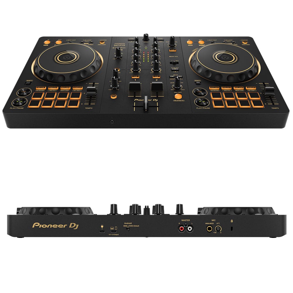 《6月26日発売》 PIONEER DJコントローラー DDJ-FLX4-N (ゴールド) + ヘッドホン ATH-S100 + PCスタンド + スピーカー DM-40D + ダストカバー セット ゴールド DZONE