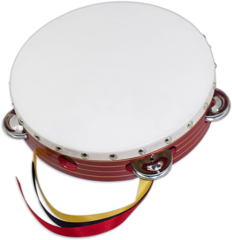 ヤマヨ タンブリン ( 21cm ) 赤木枠・金線入 6穴 牛床皮 3色リボン付 タンバリン