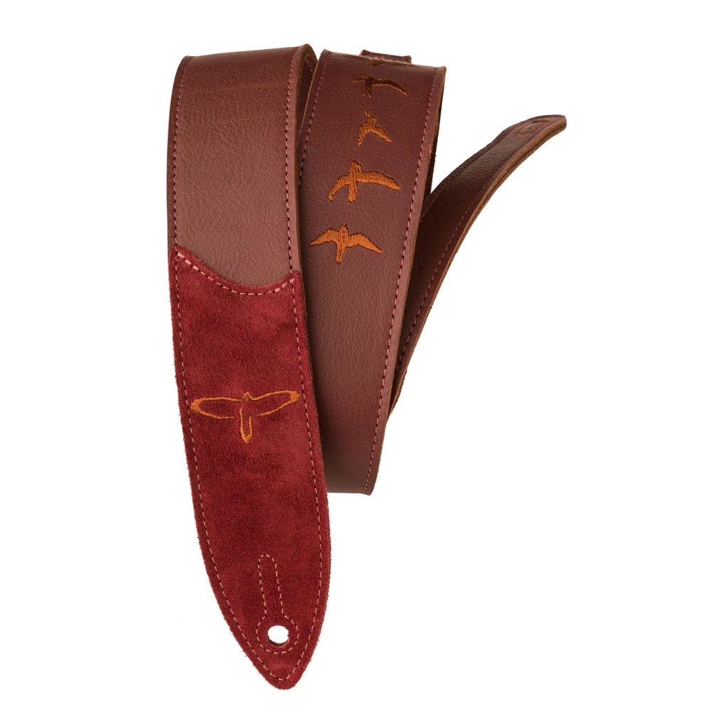 Premium Leather 2" Strap Embroidered Birds Burgundy