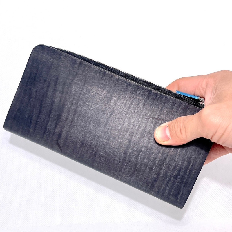 《HAND MADE Made in Japan》樹の肌触りと革の味わいを楽しめる sciva 長財布（L字ファスナー） wal-004-BLK  BLACK ブラック