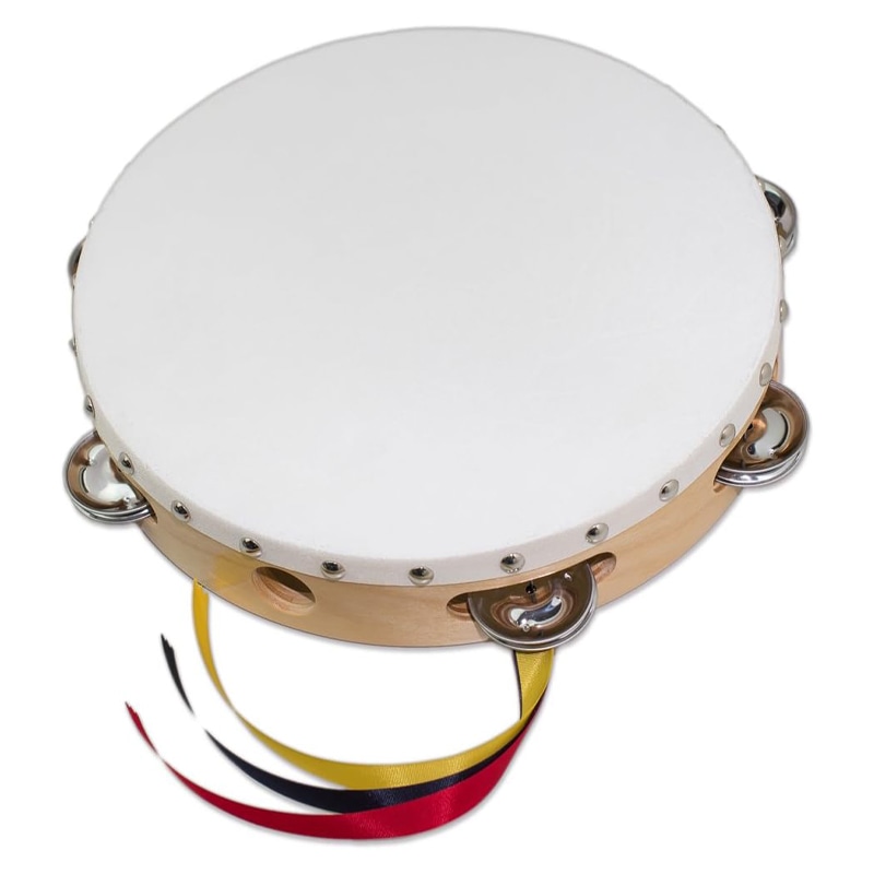 ヤマヨ タンブリン / 24cm / クリア （ 木目・白枠 ） / 7穴 牛床皮 3色リボン付 タンバリン