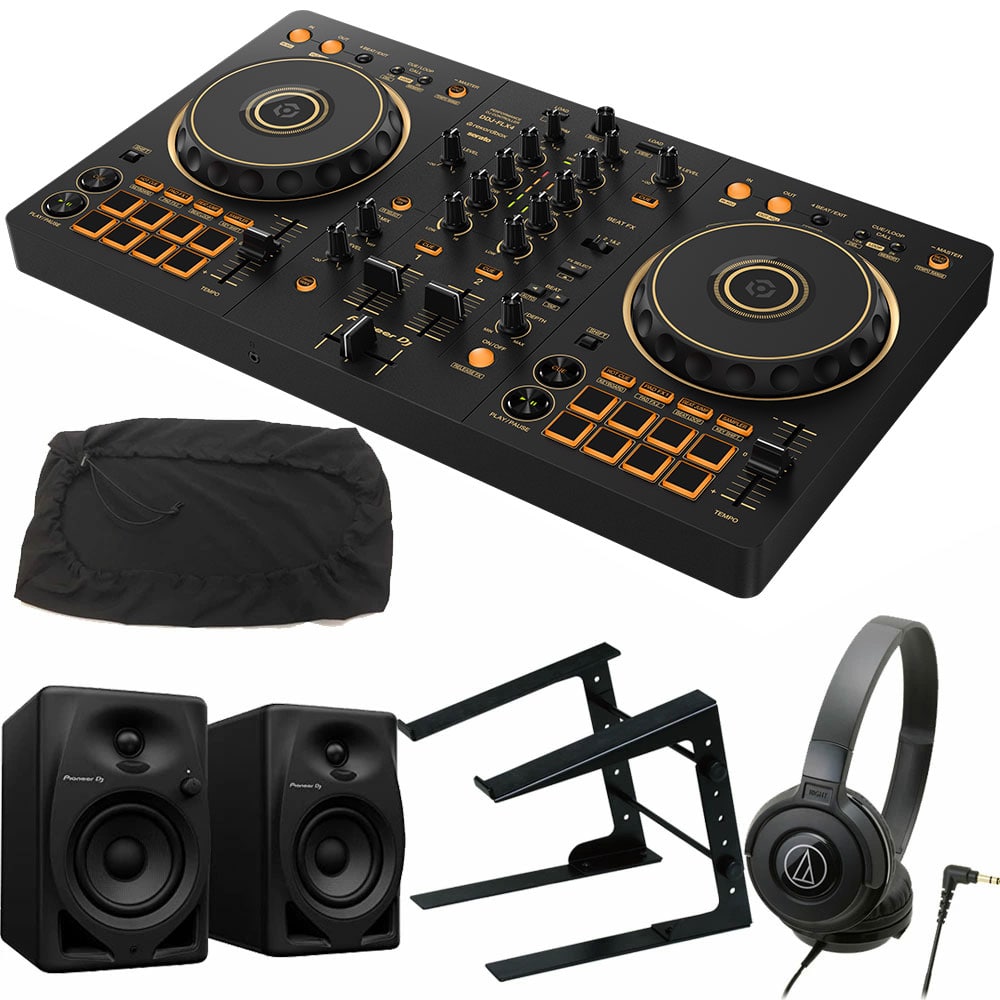 《6月26日発売》 PIONEER DJコントローラー DDJ-FLX4-N (ゴールド) + ヘッドホン ATH-S100 + PCスタンド + スピーカー DM-40D + ダストカバー セット