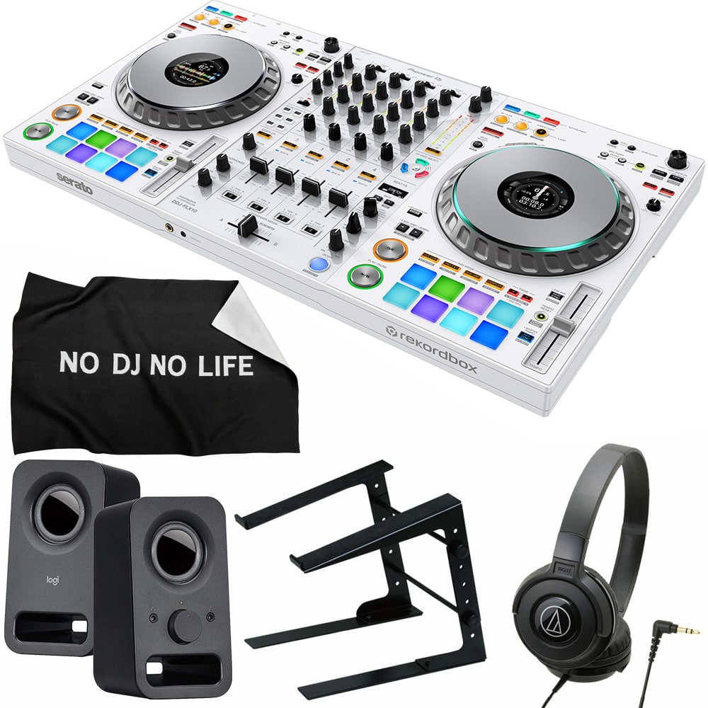 《8/27発売》 Pioneer 4CH DJコントローラー DDJ-FLX10-W ホワイト + ヘッドホンATH-S100 + PCスタンド + スピーカー Z150 + ダストカバー セット