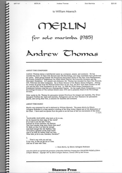 【特価楽譜】マリンバソロ楽譜　MERLIN for solo marimba (1985) / Andrew Thomas